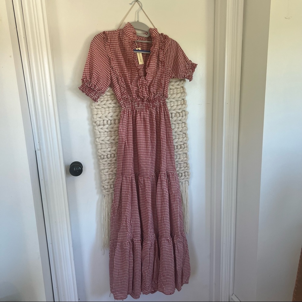 Short sleeve red gingham tiered maxi dress